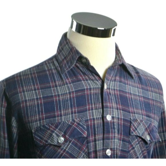 WOODLAND Men's Long Sleeve Button‎ Front Flannel Shirt SIZE MEDIUM Navy Plaid - Picture 5 of 6